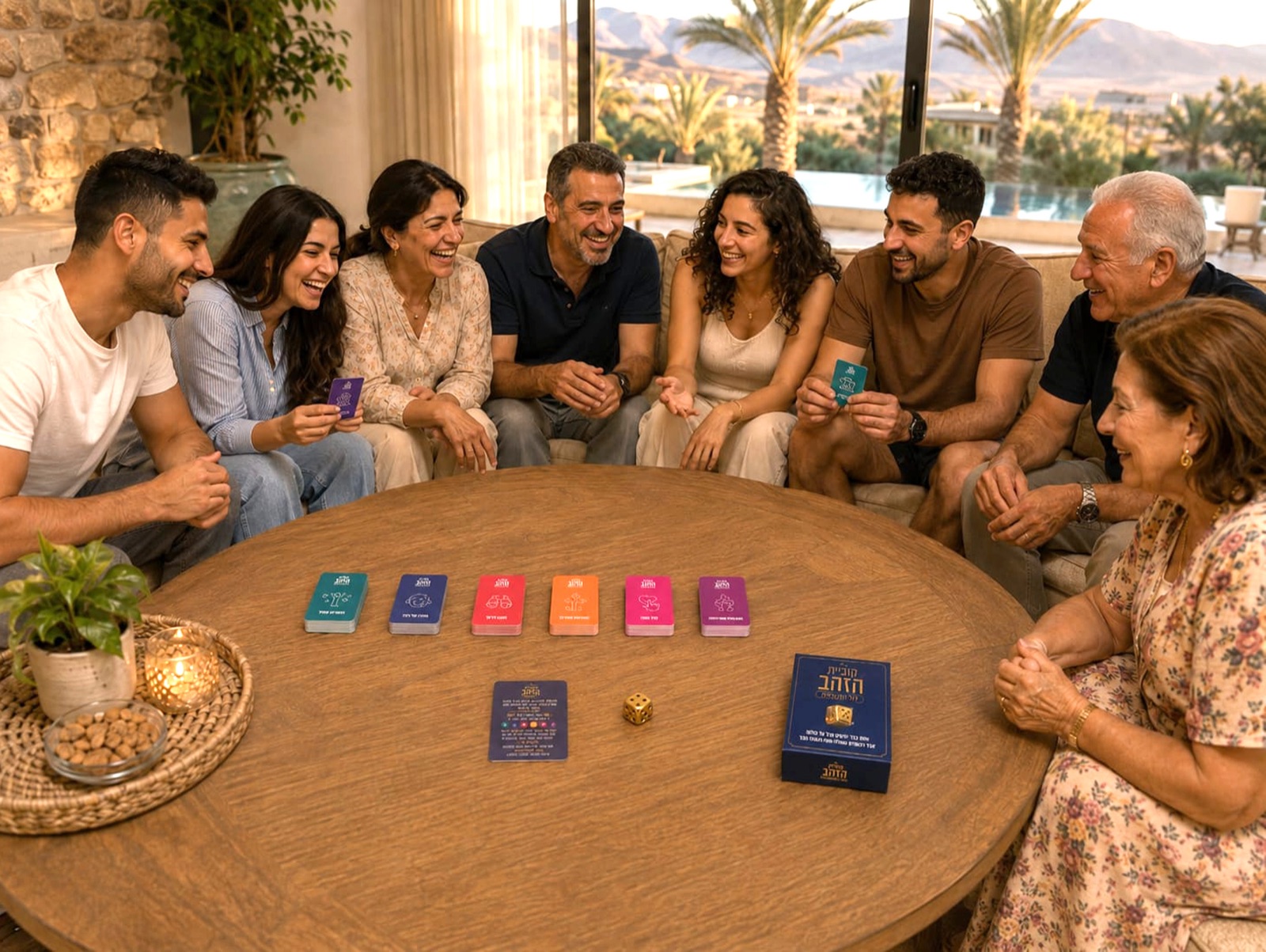 חברים ומשפחה משחקים יחד בקוביית הזהב סביב השולחן